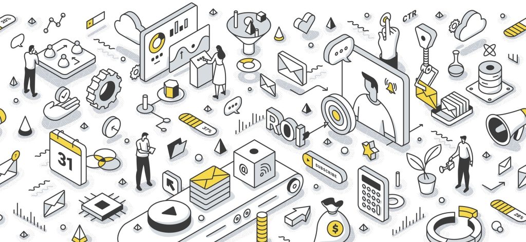 Marketing Automation Isometric Outline Illustration